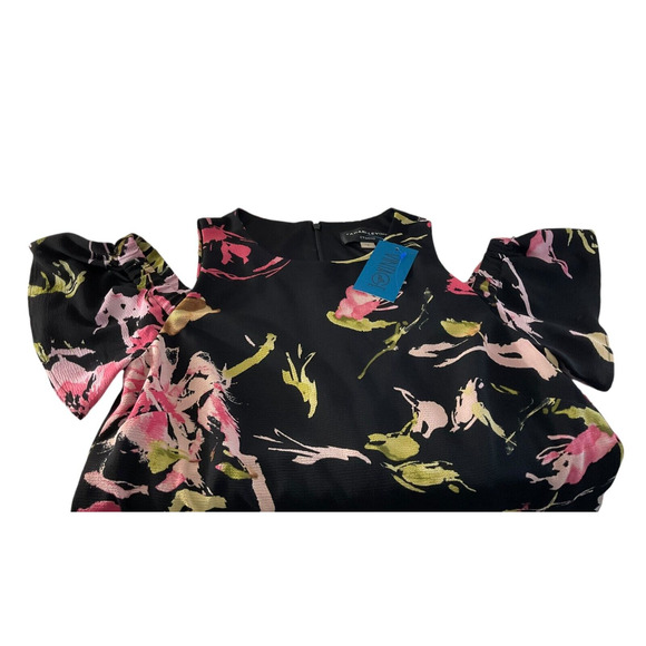 Tahari-Levine Studio Floral Cold Shoulder Sheath Dress 8 Black Pink Green - Picture 6 of 11
